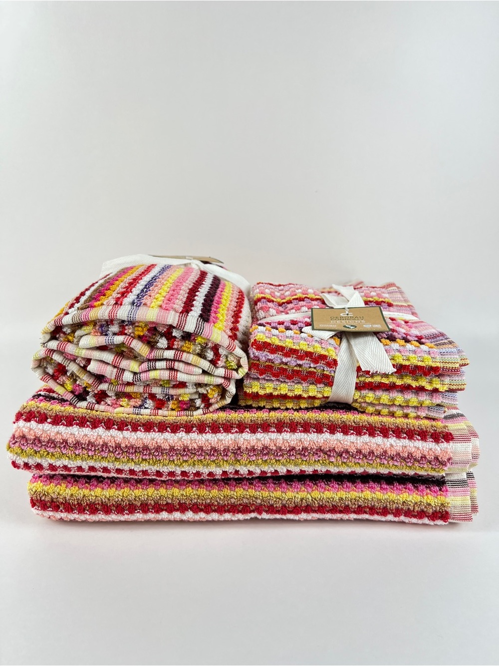 Deborah Connolly Bath Towel Set Pink Red Multicolor Striped Cotton 2 Pc Set NEW